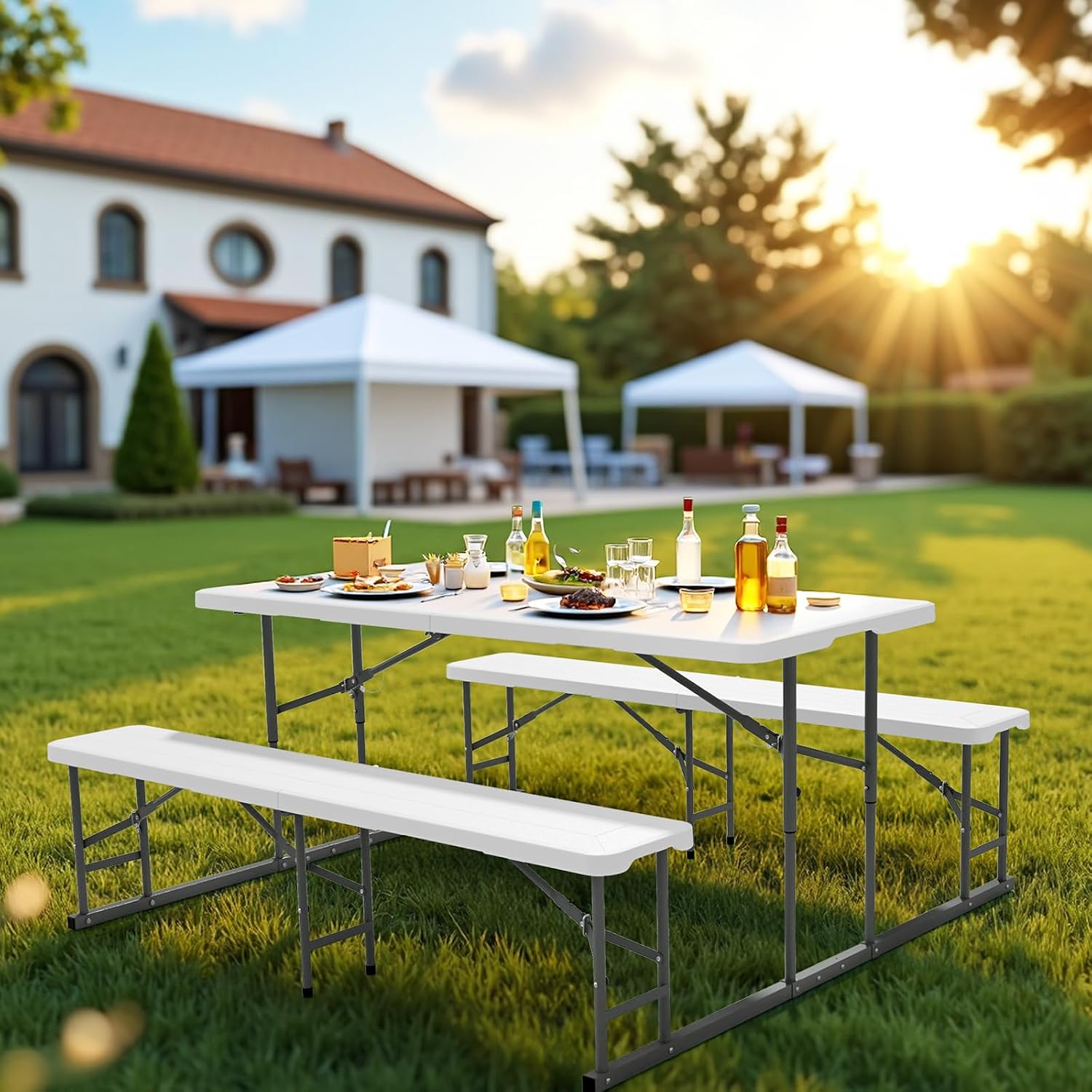 VINGLI Folding Picnic Table and Bench Set, Portable Outdoor Dining Furniture for Camping, Patio, Backyard, Wood Grain Plastic Top with Metal Frame (White)