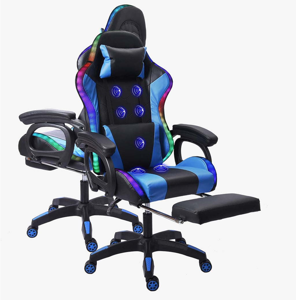 Video Gaming Chair with Speakers and RBG Lights,PC Chair with 7-Point Massage Lumbar Support and Footrest,Office Ergonomic Gaming Chair Adjustable Back and Armrest,Adult Gaming Chair.,Blue