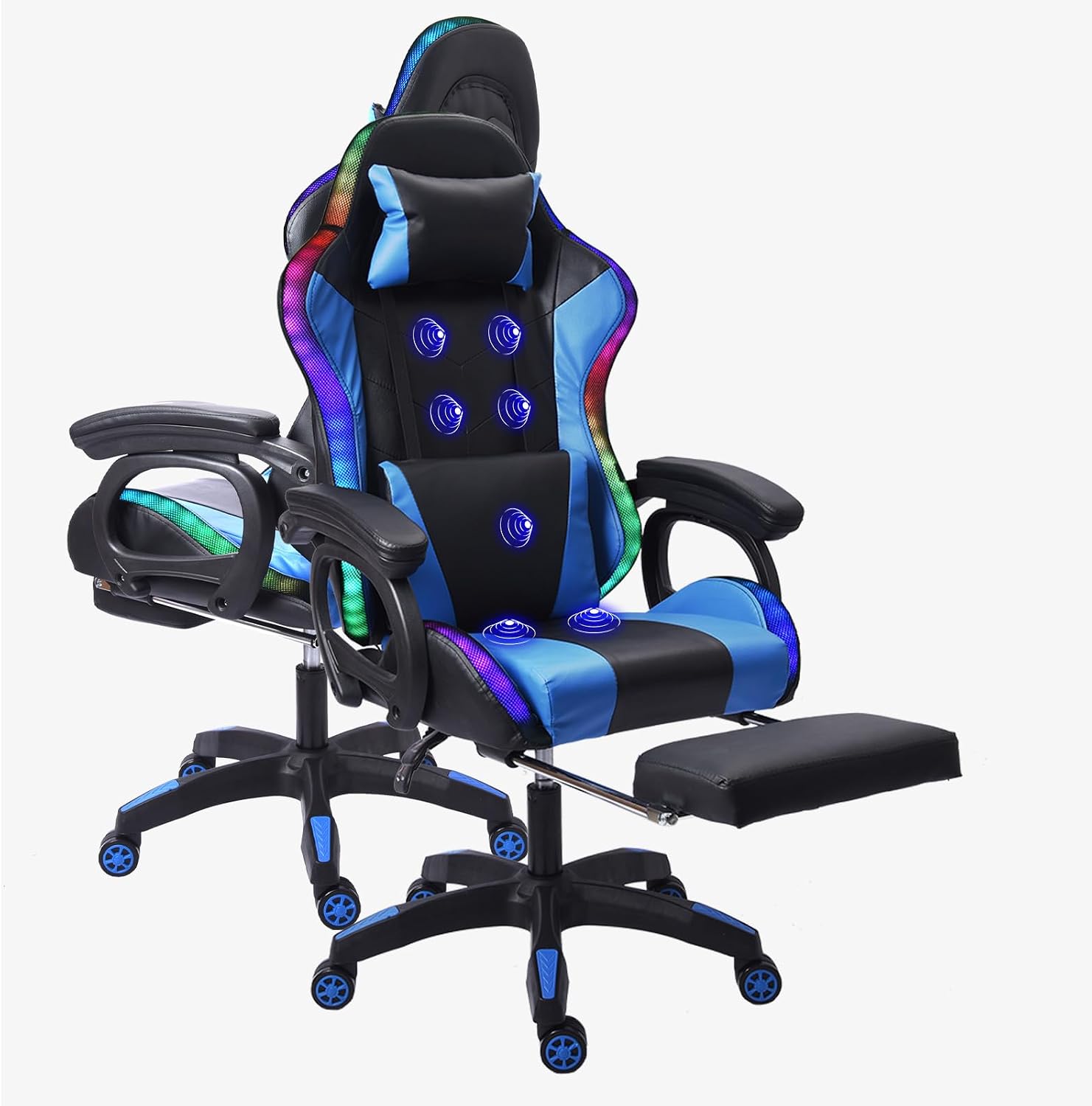 Video Gaming Chair with Speakers and RBG Lights,PC Chair with 7-Point Massage Lumbar Support and Footrest,Office Ergonomic Gaming Chair Adjustable Back and Armrest,Adult Gaming Chair.,Blue