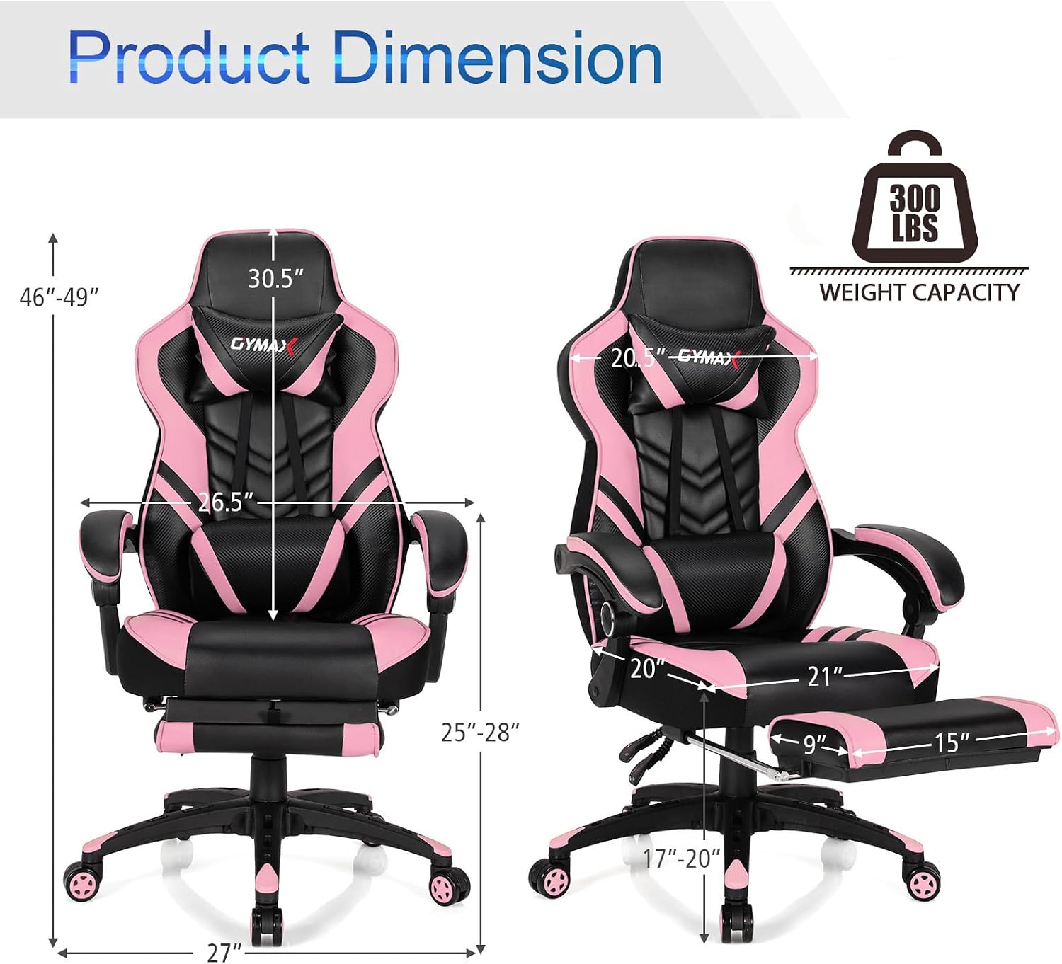 POWERSTONE Gaming Chair Video Game Chair with Footrest and Lumbar Support Racing Style PU Leather Computer Chair Ergonomic Adjustable Swivel Task Chair Pink