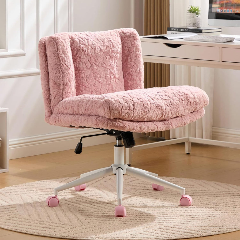 Shenyon Criss Cross Chair with Wheels, Wide Cross Legged Office Chair with 2 Layer Cushions & Back, Adjustable Swivel Home Office Chair, Comfy Faux Fur Makeup Vanity Chair for Girls Women, Pink