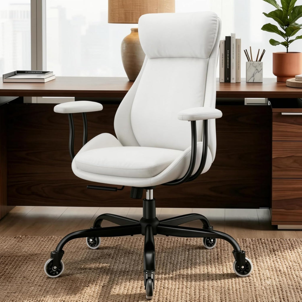 E-Motie Office Chair, Leather Desk Chair with Rubber Wheels, Ergonomic Computer Chair 500 LBS with Lumbar Support, High Back Executive Chair for Modern Home Office, White