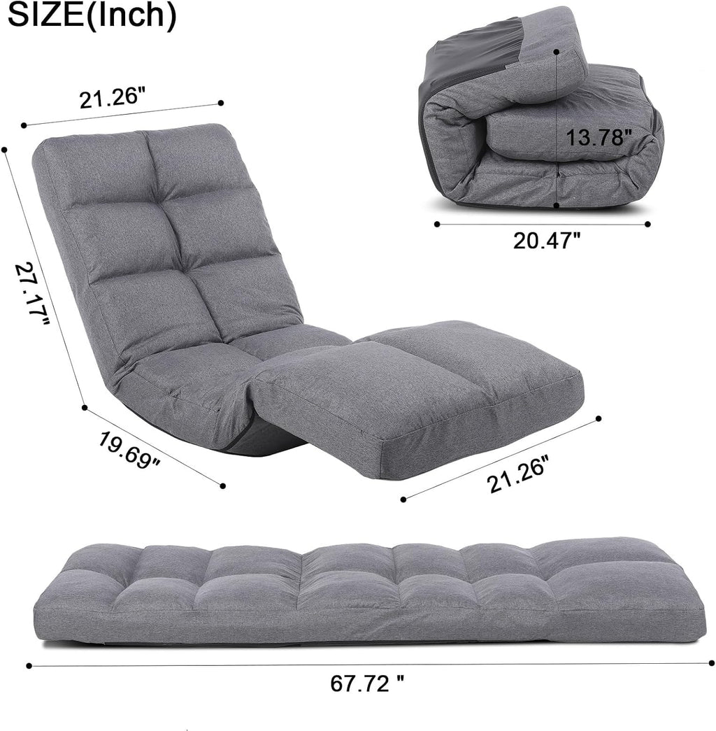 Floor Chair with Footrest Adjustable Backrest with 14 Positions Footrest 5-Position Adjustment Foldable Floor Gaming Chair for Easy Storage Linen Fabirc Chaise Lounge 086 (Grey)