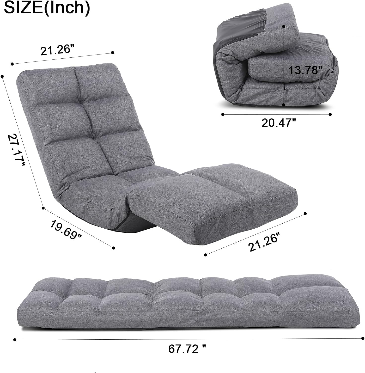 Floor Chair with Footrest Adjustable Backrest with 14 Positions Footrest 5-Position Adjustment Foldable Floor Gaming Chair for Easy Storage Linen Fabirc Chaise Lounge 086 (Grey)