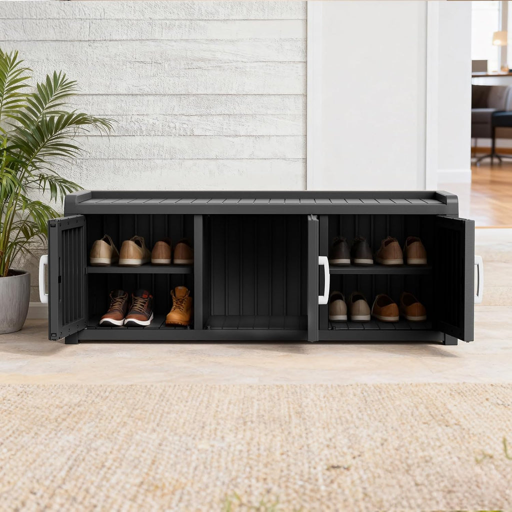 Trygoal3 Doors Shoe Bench, Waterproof & UV-Resistant, Resin Shoe Cabinet Indoor & Outdoor Use, Entryway Bench with Adjustable Shelves & Hidden Storage Space for Bedroom, Hallway, Grey