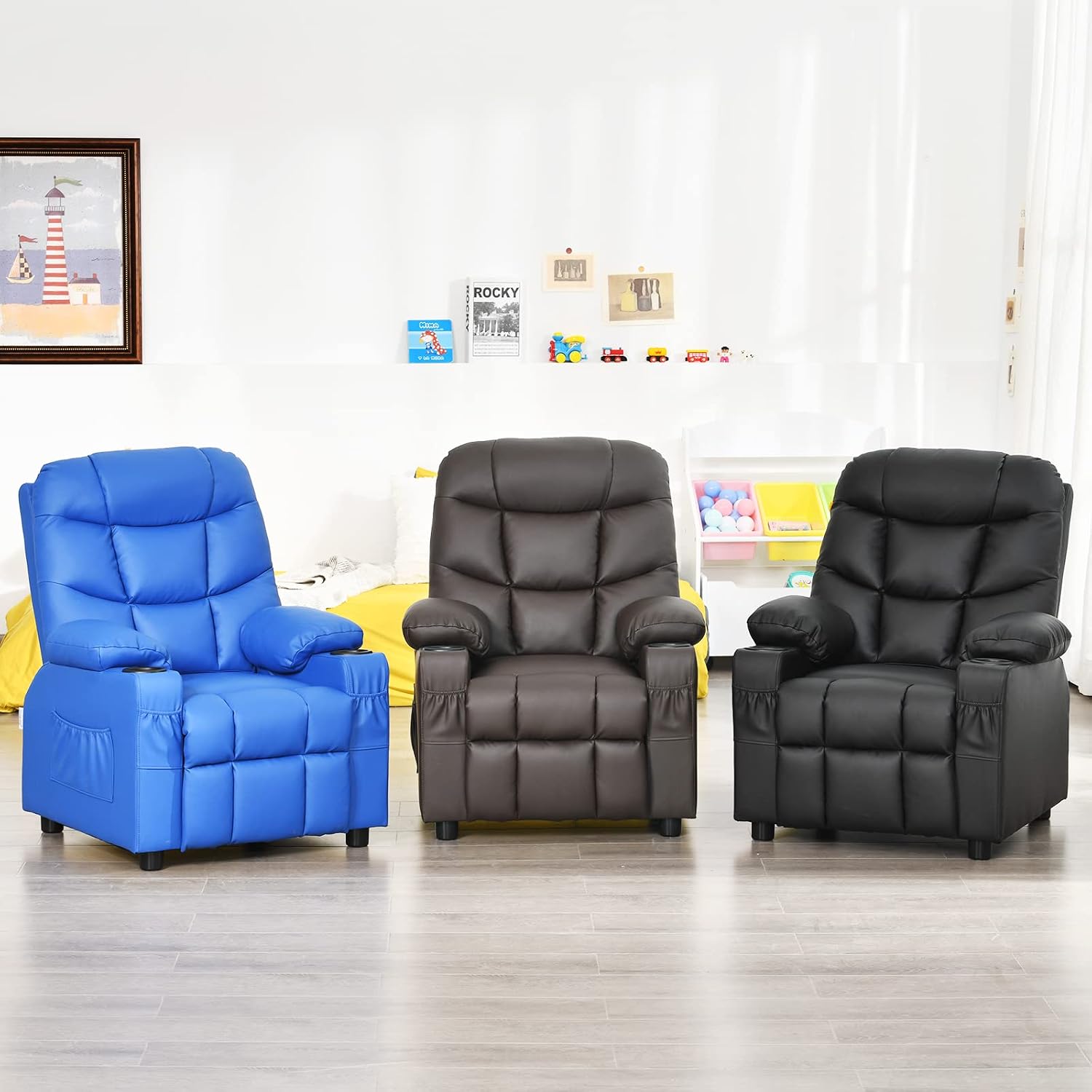 MAT EXPERT Kids Recliner, Leather Adjustable Reading Gaming Chair w/ 2 Cup Holder, 3 Side Pocket Storage & Footrest, Kids Couch Toddler Lounge Chair for Boys Girls, Kids Room Playroom Nursery (Blue)