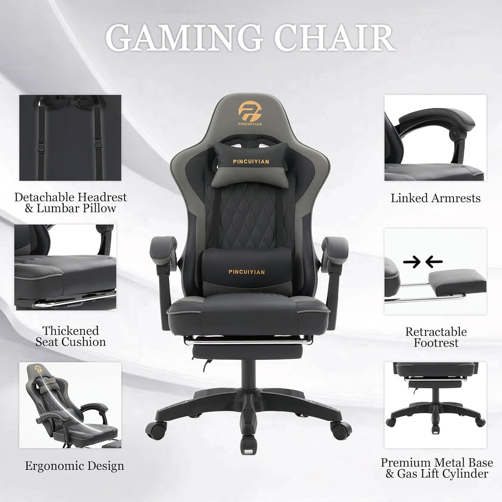 Ergonomic Gaming Chair with Footrest and Lumbar Support, High Back Reclining PU Leather Computer Chair with Headrest and Linkage Armrests, Swivel Height Adjustable Office Gamer Chair for Adults (Gray)