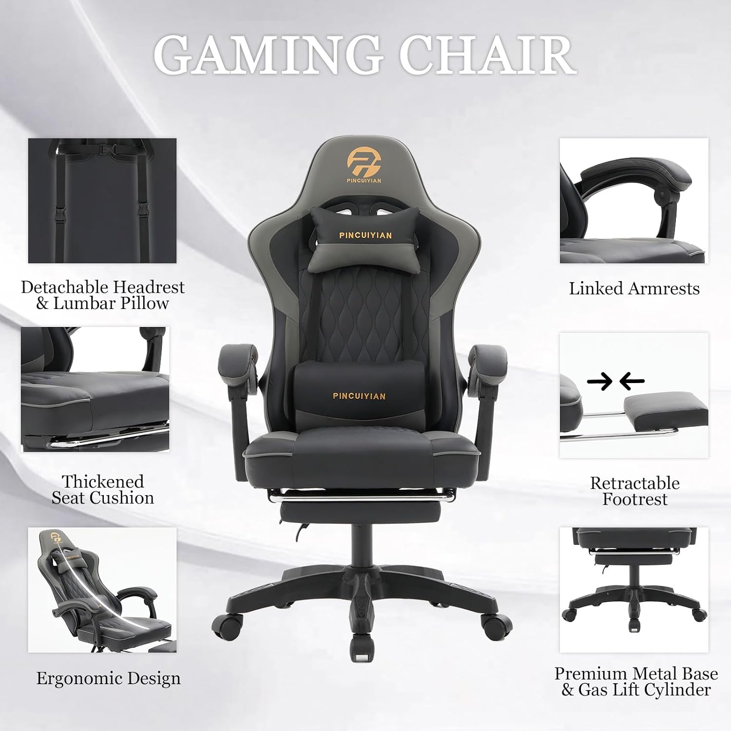 Ergonomic Gaming Chair with Footrest and Lumbar Support, High Back Reclining PU Leather Computer Chair with Headrest and Linkage Armrests, Swivel Height Adjustable Office Gamer Chair for Adults (Gray)