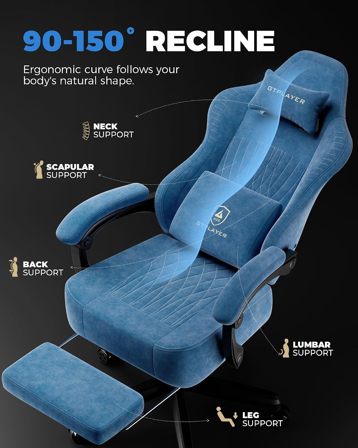 GTPLAYER Big and Tall Gaming Chair with Footrest, Extra Wide Seat Video Game Chairs for Adults - Padded High Back Ergonomic Reclining Silla Gamer, Linkage Armrest, Ace Pro, Blue【Velvet】 (Oversized)