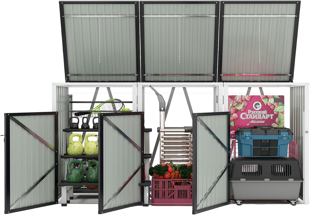 Montary 85 CU.FT Metal Outdoor Garbage Bin Storage Shed with Chain Lid, Waterproof Trash Can Organizer for 3 Bins, Garden Tools for Garden Yard Lawn, Dark Grey
