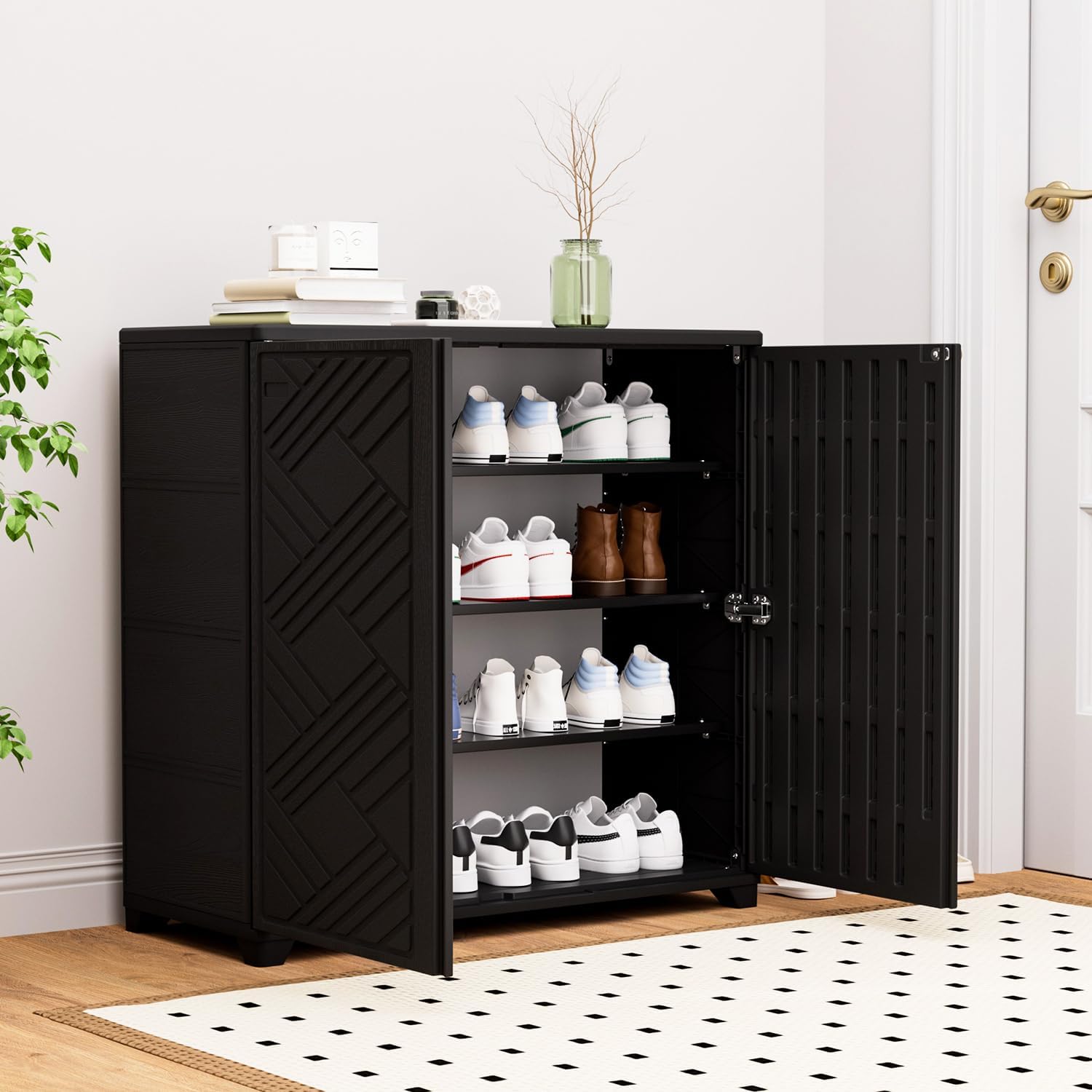 KINYING Outdoor Storage Cabinet Waterproof with 2 Shelves, 60 Gallon Resin Storage Shed for Patio/Garden/Backyard, Outdoor Storage Box for Cushions,Garden Tools and Pool Supplies,Black