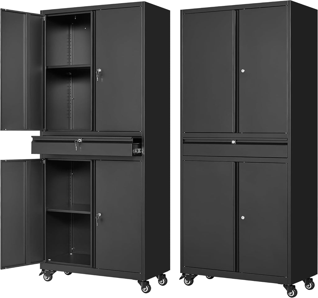 Letaya Metal Garage Storage Cabinet with Wheels,Rolling Tool Cabinet with 4 Door Lock-Adjustable Shelves and 1 Drawer for Garage Home Office Utility Room (Black with Wheels)