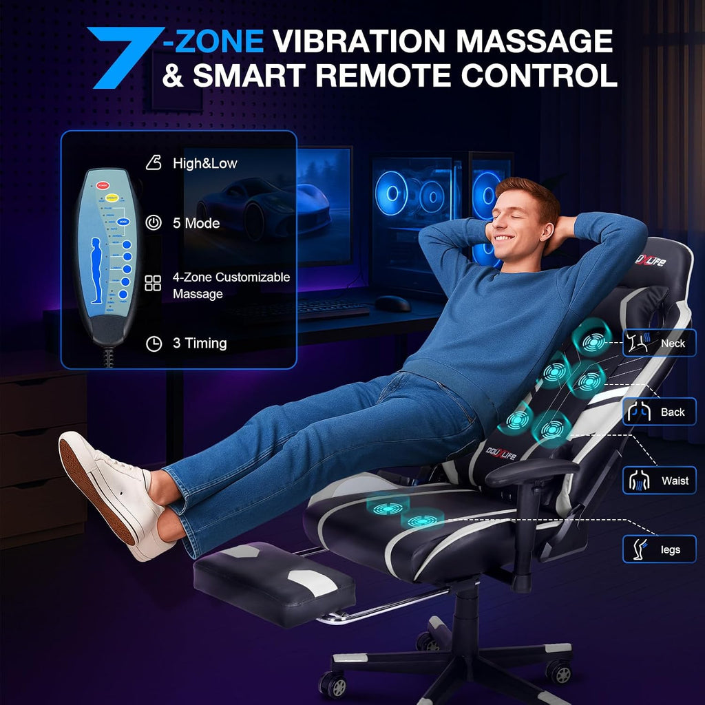 Douxlife 7-Point Massage Gaming Chair with Footrest, 400lbs Heavy Duty Ergonomic Computer Chair, 175° Reclining High Back Racing Seat for Adults with Adjustable Armrests & Lumbar Support, White