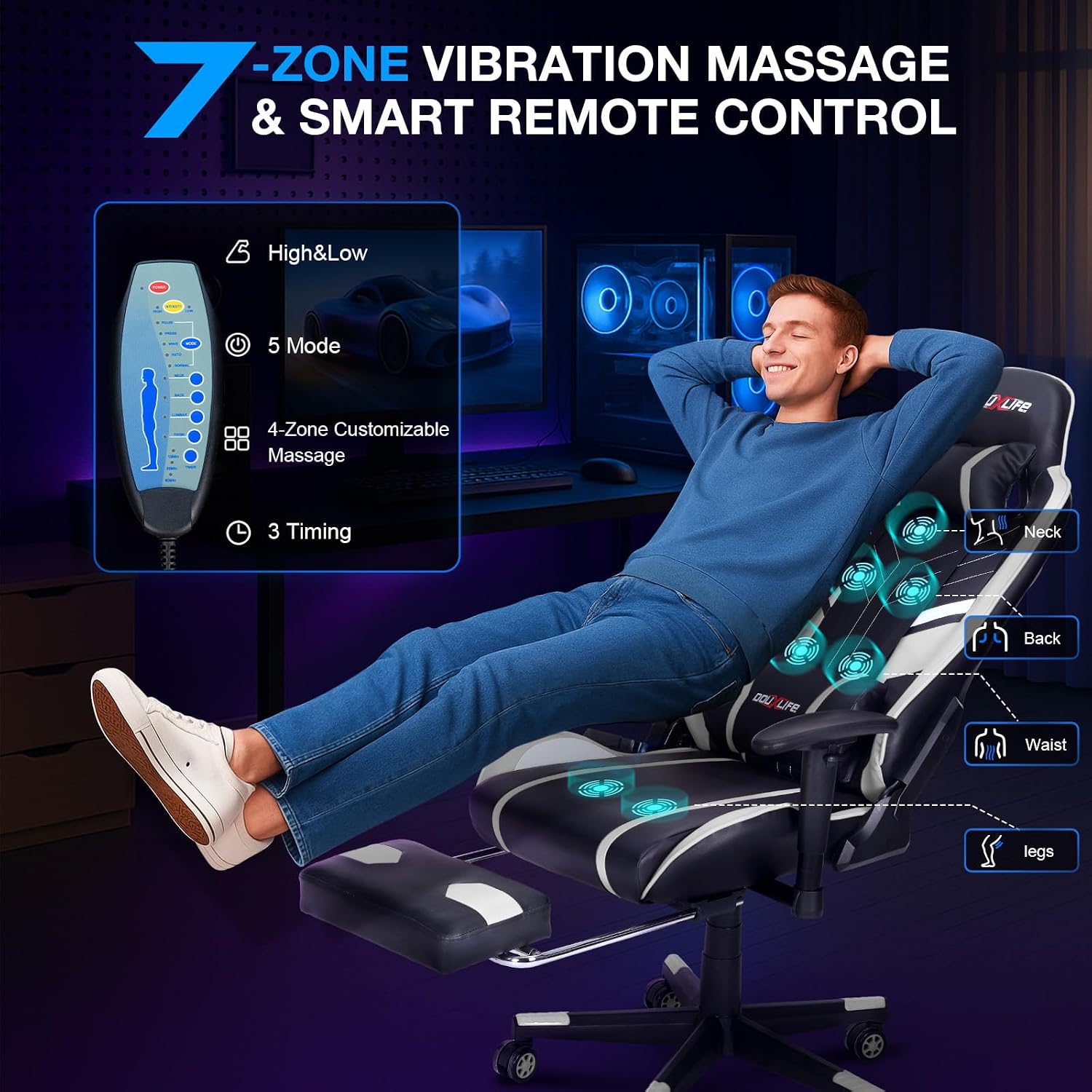 Douxlife 7-Point Massage Gaming Chair with Footrest, 400lbs Heavy Duty Ergonomic Computer Chair, 175° Reclining High Back Racing Seat for Adults with Adjustable Armrests & Lumbar Support, White