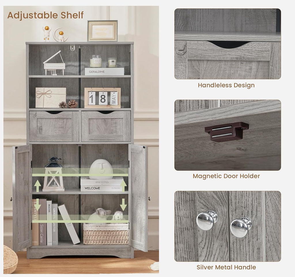 Iwell Storage Cabinet with 2 Drawers & Adjustable Shelf, Tall Bathroom Cabinet with Doors, Cupboard, Kitchen Cabinets for Living Room, Dining Room, Entryway, Grey