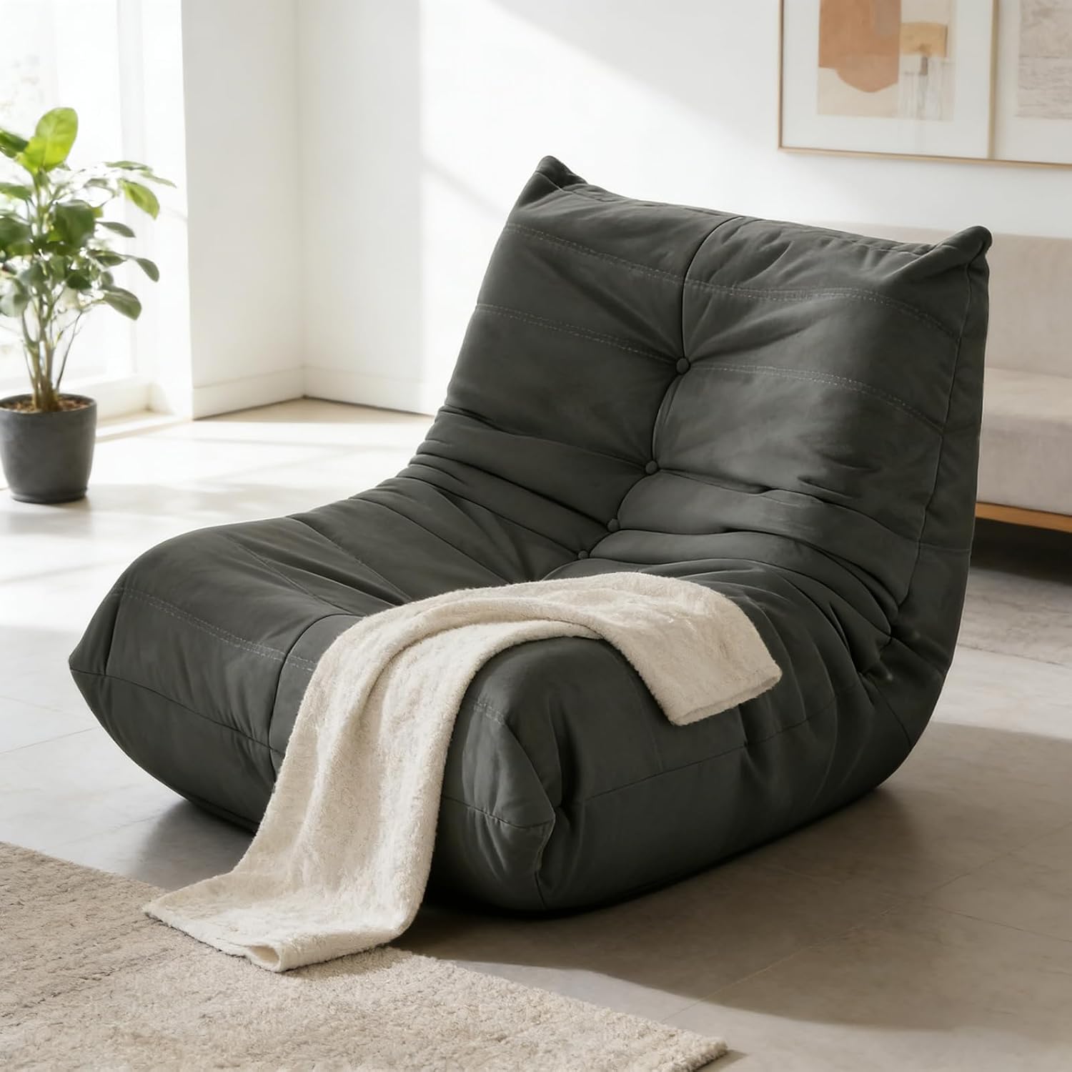 Giant Gaming Bean Bag Chair for Adults & Kids, Oversized Memory Foam Beanbag Couch Reading Chairs with Armless Design, Large Beanbag Sofa Floor Lounger Chair (Dark Gray, Single, Modern)