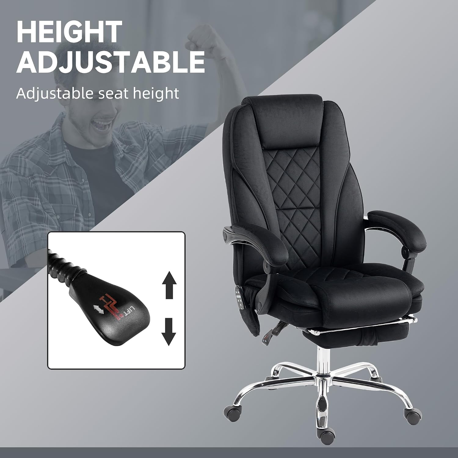 Vinsetto Massage Office Chair with Foot Rest, Executive Computer Desk Chair with 6 Vibration Point and Heat, Reclining Backrest, Swivel Wheels, Adjustable Height, Black