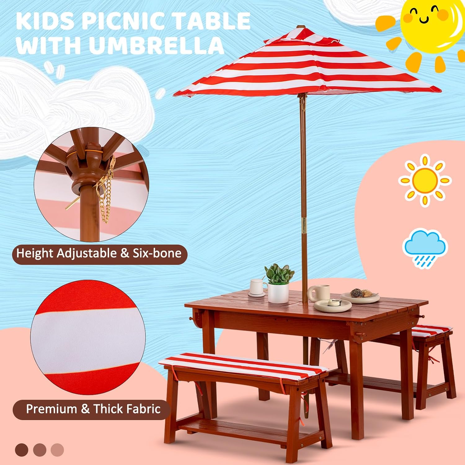 BRINJOY Kids Picnic Table with Umbrella, Outdoor Wooden Table & Bench Set w/Cushions & 2 Removable Boxes, 4-in-1 Children Sand and Water Table Activities Furniture for Patio, Garden, Indoor Outdoor