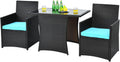 HAPPYGRILL 3 Piece Patio Furniture Set, Outdoor PE Rattan Wicker Bistro Set with Washable Cushions & Tempered Glass Table, for Backyard Porch Garden Balcony Poolside