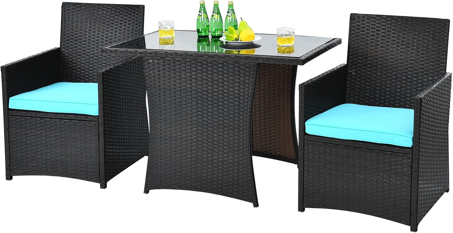 HAPPYGRILL 3 Piece Patio Furniture Set, Outdoor PE Rattan Wicker Bistro Set with Washable Cushions & Tempered Glass Table, for Backyard Porch Garden Balcony Poolside