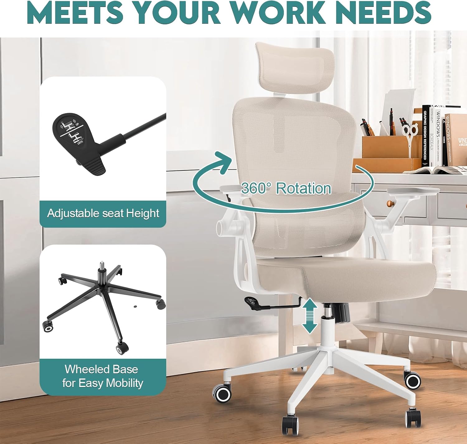 Monhey Ergonomic Office Chair, 90°-125° Tilt Back Home Desk Chair with 360° Swivel & Mute Wheels, High Back Mesh Computer Chair for Adults with Lumbar Support, 330 LBS Capacity (05Khaki)