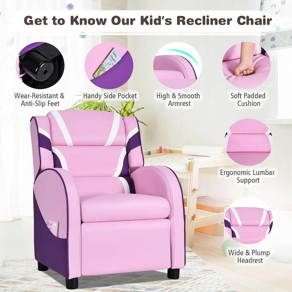 MAT EXPERT Kids Recliner Sofa, Gaming Chair w/Footrest, Arms & Side Pocket Storage, Adjustable Leather Kids Couch Lazy Boy Armchair Reading Chair, Toddler Lounge Chair for Boys Girls Age 3+ (Pink)