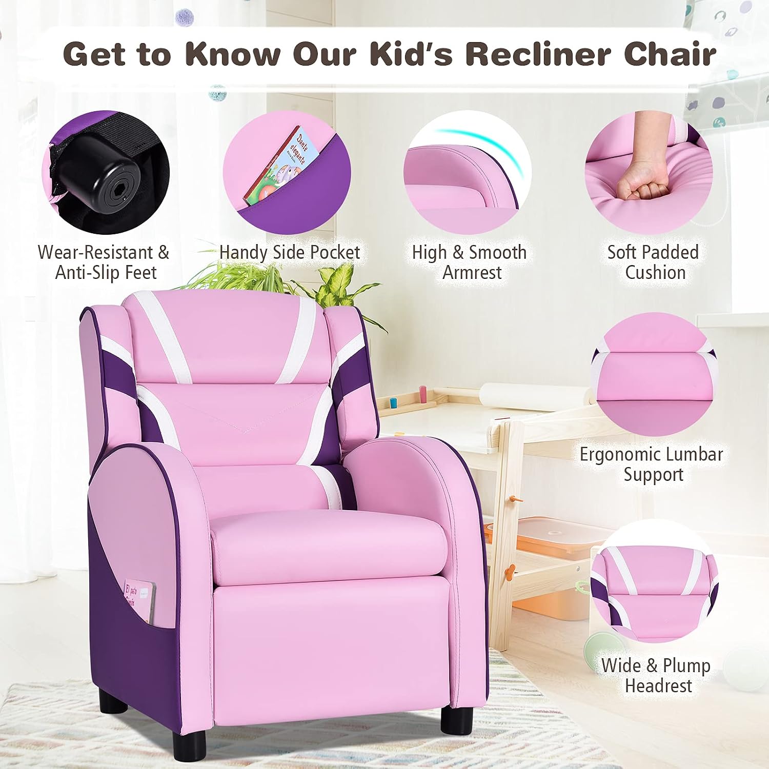 MAT EXPERT Kids Recliner Sofa, Gaming Chair w/Footrest, Arms & Side Pocket Storage, Adjustable Leather Kids Couch Lazy Boy Armchair Reading Chair, Toddler Lounge Chair for Boys Girls Age 3+ (Pink)