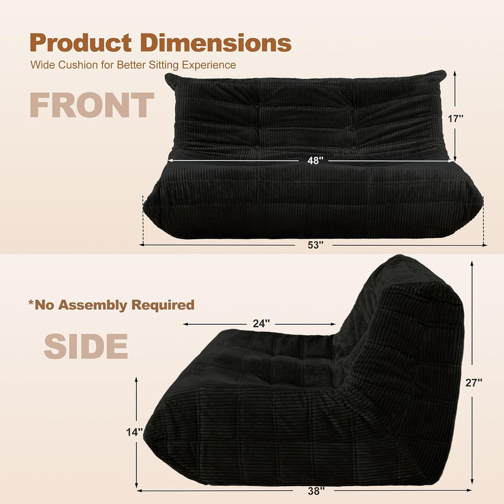 Bean Bag Chair,Giant Beanbag Chairs for Adults,Comfy Large Fireside Chair Lazy Sofa,Corduroy Bean Bag Lounger with Memory Foam Filled,Floor Sofa Couch for Home,Living Room (Black, Loveseat)