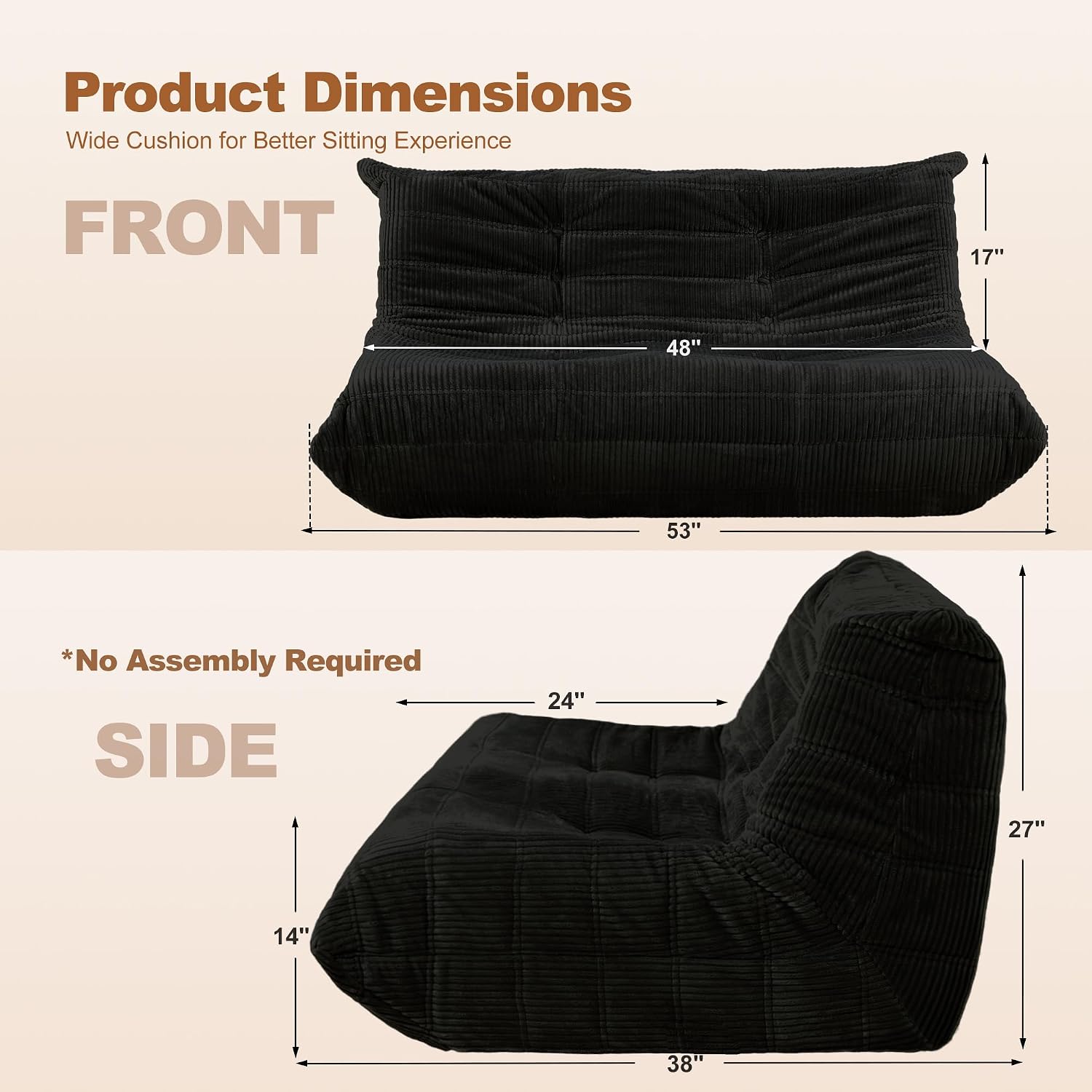 Bean Bag Chair,Giant Beanbag Chairs for Adults,Comfy Large Fireside Chair Lazy Sofa,Corduroy Bean Bag Lounger with Memory Foam Filled,Floor Sofa Couch for Home,Living Room (Black, Loveseat)