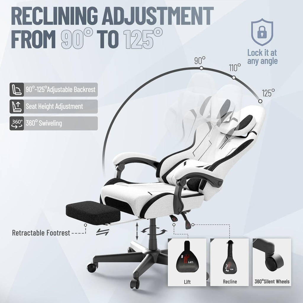 Soontrans White Gaming Chair, Fabric Ergonomic Computer Chair with Footrest and Linkage Armrest for Adult, High Back Office Game Chair with Massage Lumbar Support