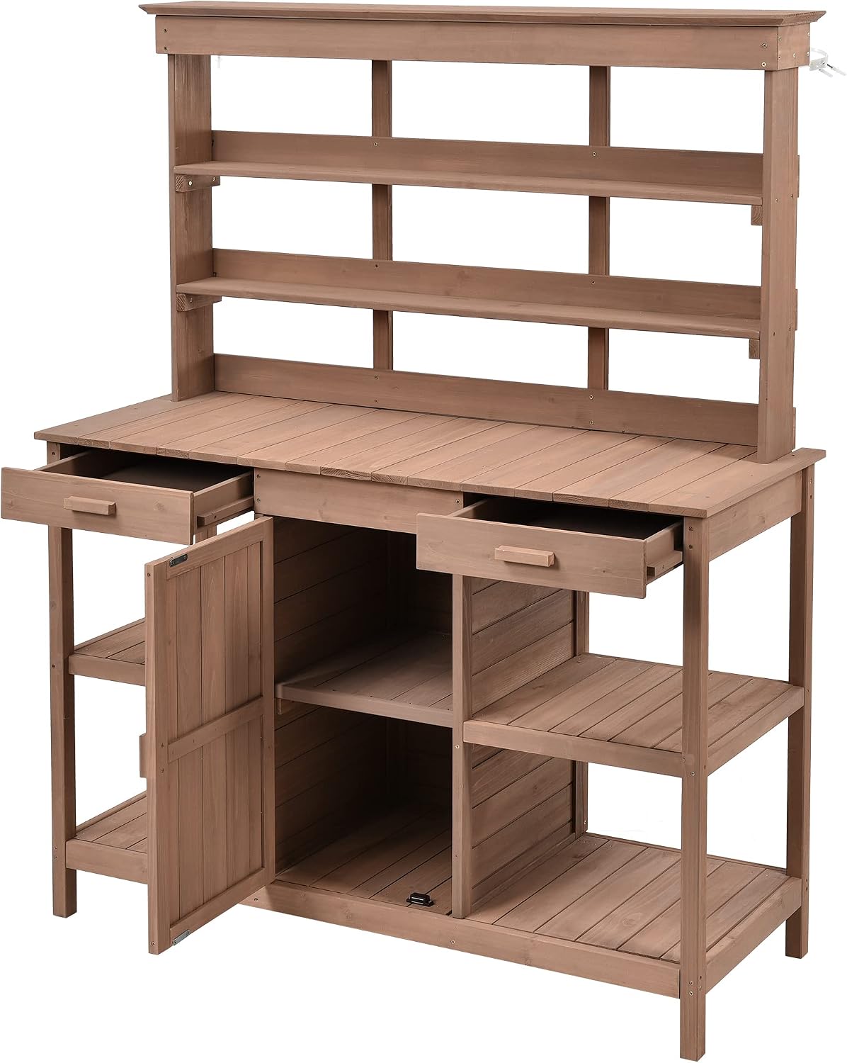 Merax 66' Large Outdoor Farmhouse Wooden Potting Bench Table, Garden Workstation with 2 Drawers, Cabinet, and Open Shelves for Backyard, Mudroom, Brown