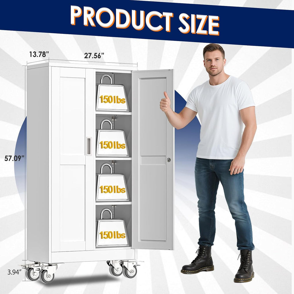 erosoei 61' H Metal Garage Storage Cabinet, Rolling Tool Cabinet with 2 Doors and Wheels, Locker Steel Cabinet with 3 Adjustable Shelves, Organization Cabinet for Garage,Office,Home,Gym,School（White）