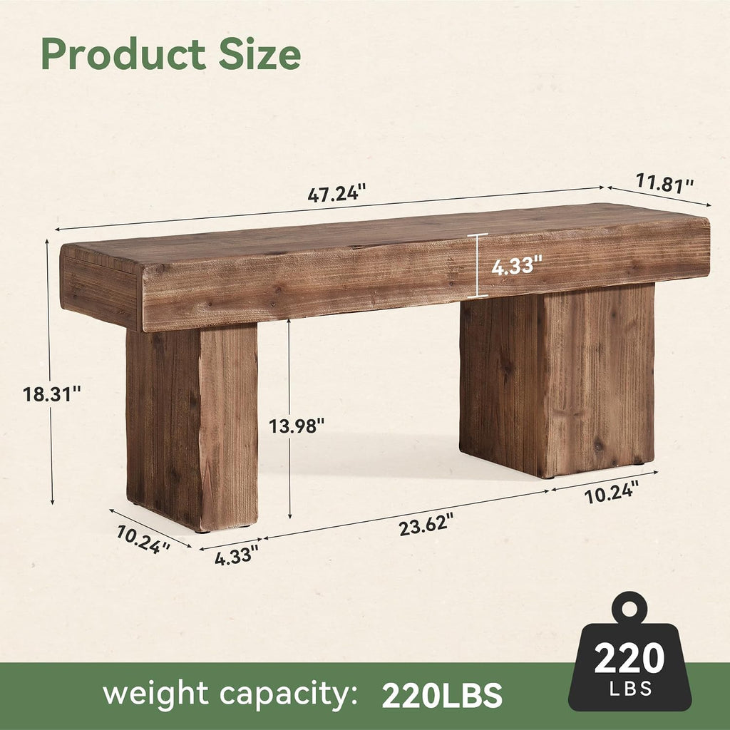 Solid Wood Bench, 47' Farmhouse Entryway Bench with Thickened Seat & Artistic Legs, Heavy Duty Indoor Bench for Bedroom, Hallway, Living Room, Indoor, Porch, Natural