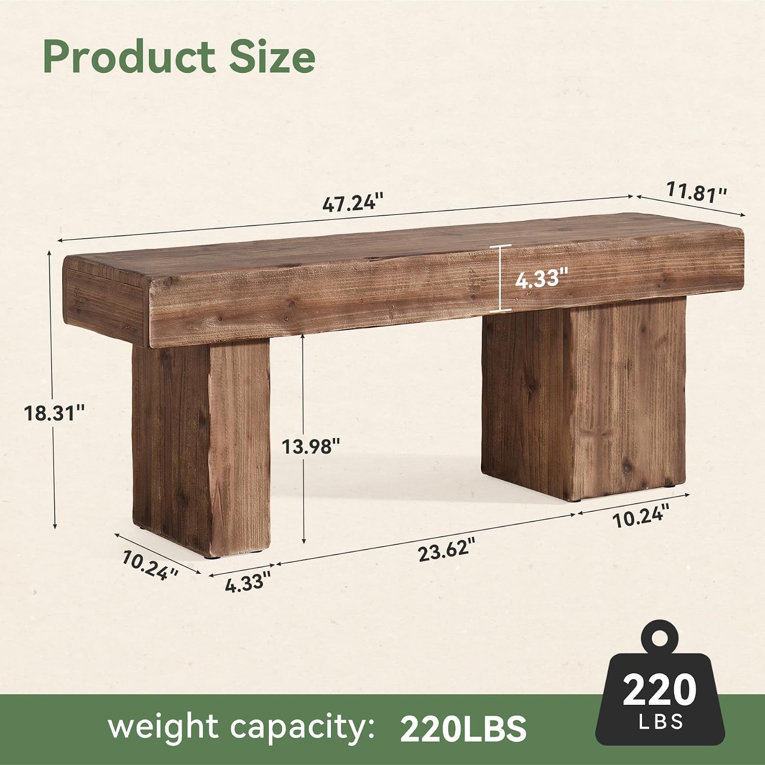 Solid Wood Bench, 47' Farmhouse Entryway Bench with Thickened Seat & Artistic Legs, Heavy Duty Indoor Bench for Bedroom, Hallway, Living Room, Indoor, Porch, Natural