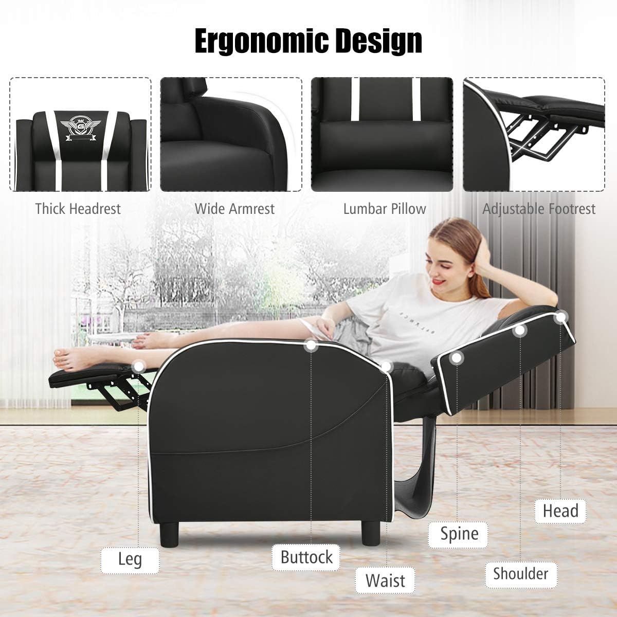 GORELAX Modern Massage Gaming Recliner Chair, PU Leather Home Theater Recliner Chairs w/Footrest and Massage, Racing Style Sofa Chair for Living Bedroom Gaming Room