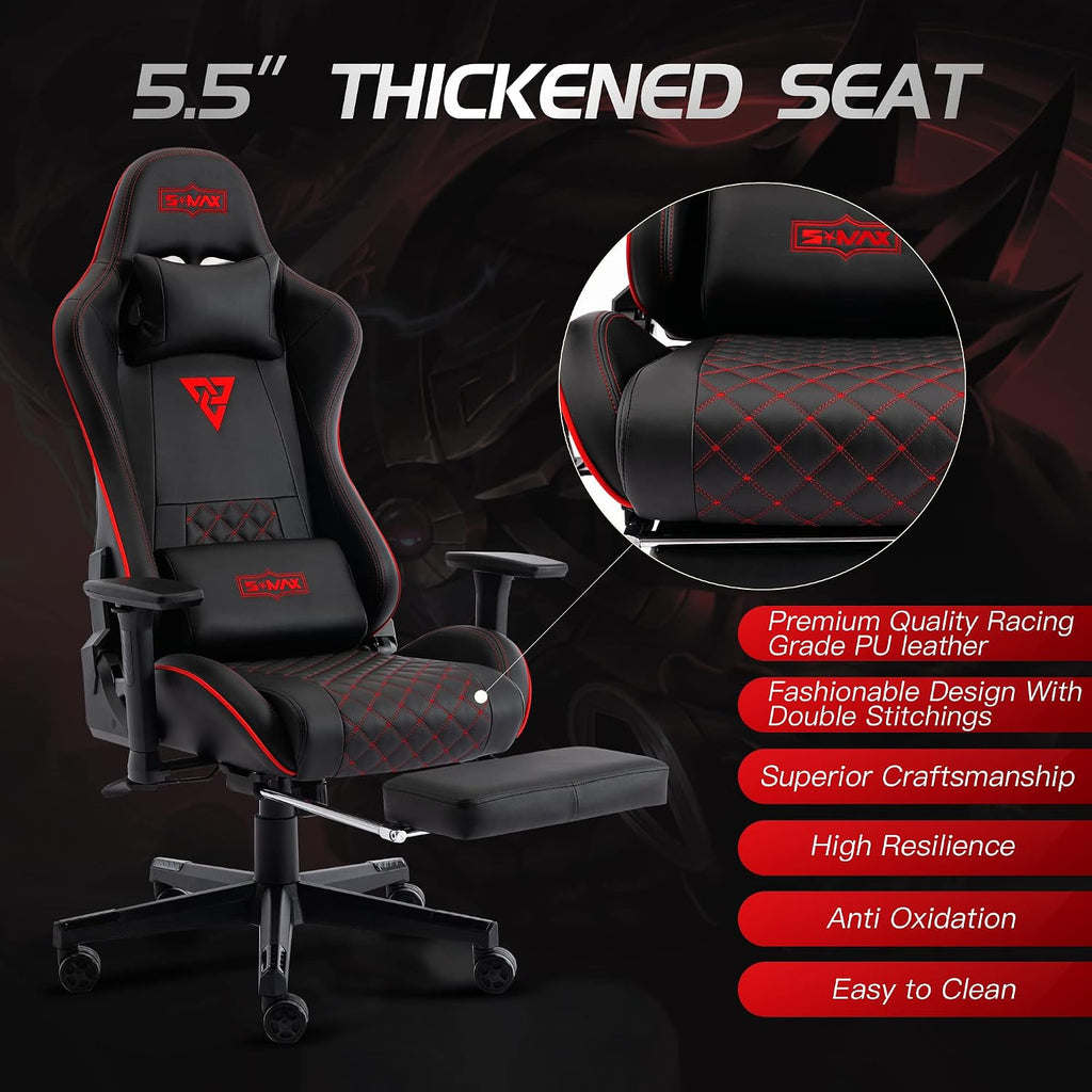 S*MAX Gaming Chair with Footrest Thicken Seat Black Gaming Chairs with 3D Armrest Gamer Chairs PU Leather Headrest and Lumbar Support High Back Gamer Chairs for Adults