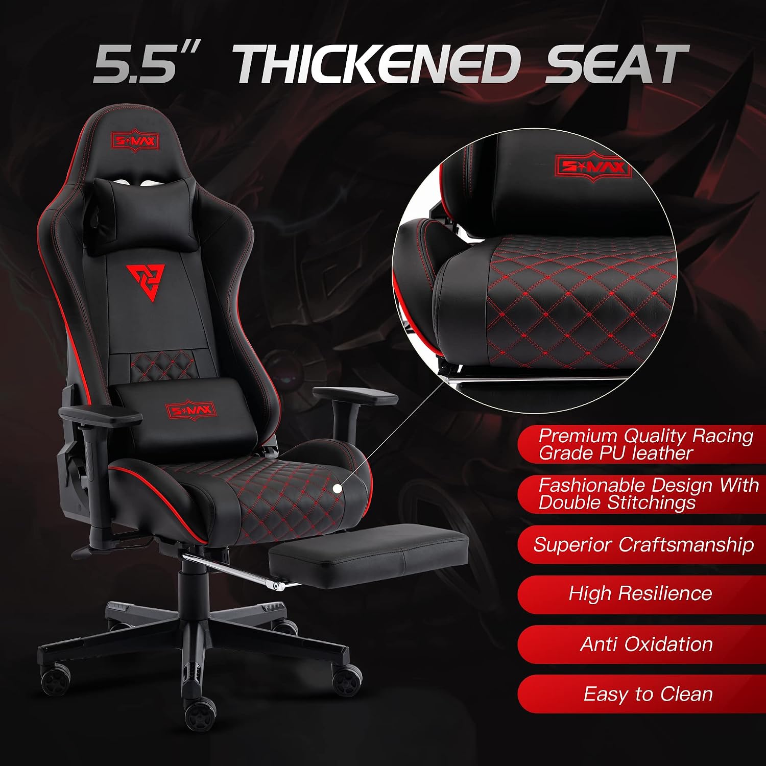S*MAX Gaming Chair with Footrest Thicken Seat Black Gaming Chairs with 3D Armrest Gamer Chairs PU Leather Headrest and Lumbar Support High Back Gamer Chairs for Adults