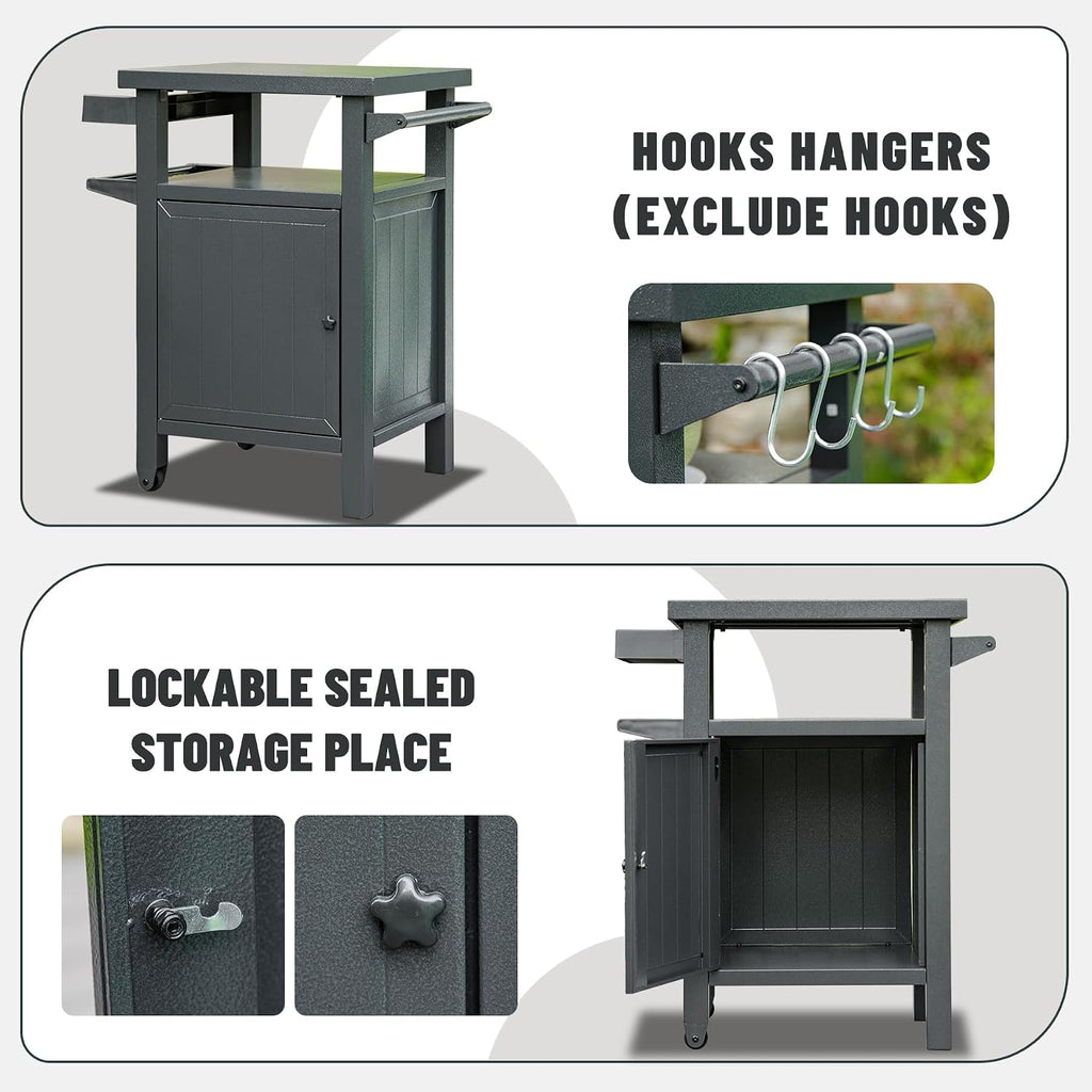 Domi Grill Carts Outdoor with Storage and Wheels, Whole Metal Portable Table and Storage Cabinet for BBQ,Deck,Patio,Backyard(Dark Grey)