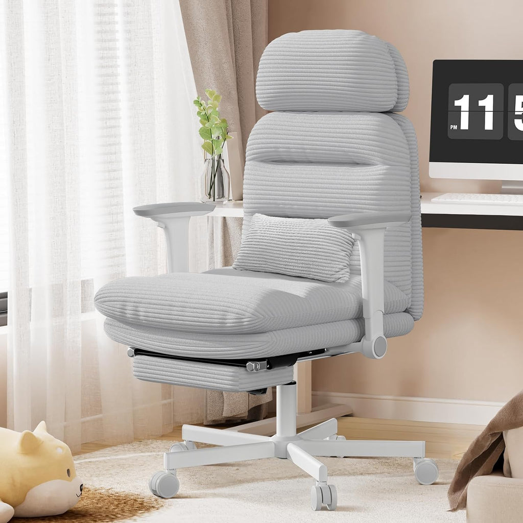 GXJ Criss Cross Chair with Flip-up Arms, Executive Office Chair with Foot Rest, Cross Legged Office Chair G800 Plus, Extra Lumbar Pillow, Corduroy Comfy Computer Desk Chair for Home, Grey