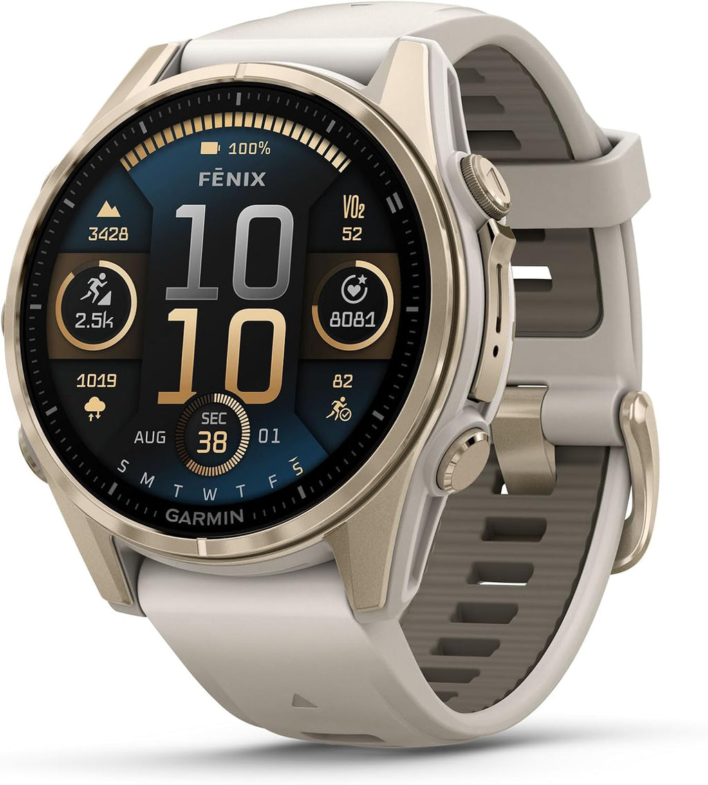 Garmin Fenix 8 Premium Multisport GPS Running Smartwatch, 43 mm | AMOLED, Dive-Rated, Built-in Flashlight | Soft Gold with Dark Sandstone Band with Signature Series Charging Stand
