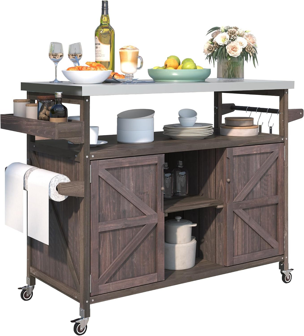 LUMISOL Outdoor Grill Cart with Stainless Steel Top, Farmhouse Rolling Bar Cart & Storage Cabinet with Spice & Towel Rack, Outdoor Solid Wood Kitchen Island with Internal Storage Rack, Dark Brown
