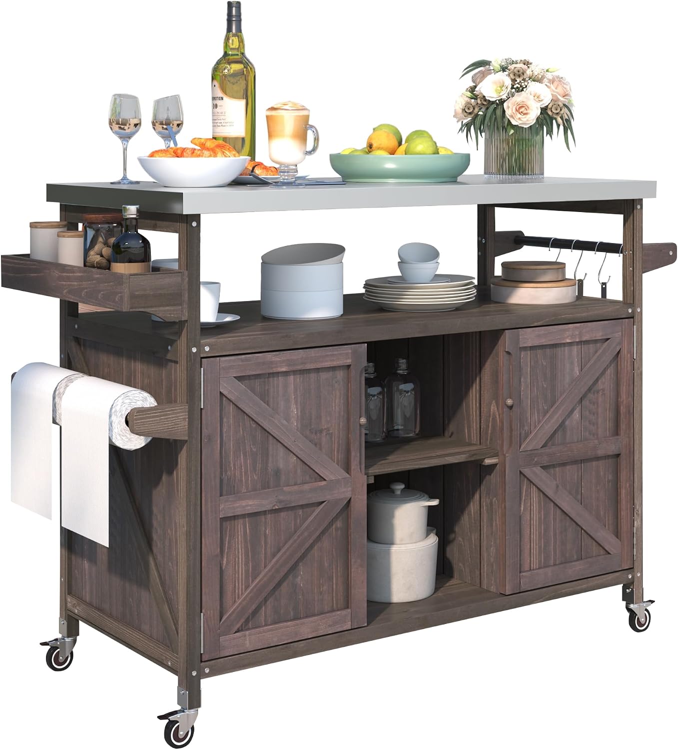 LUMISOL Outdoor Grill Cart with Stainless Steel Top, Farmhouse Rolling Bar Cart & Storage Cabinet with Spice & Towel Rack, Outdoor Solid Wood Kitchen Island with Internal Storage Rack, Dark Brown
