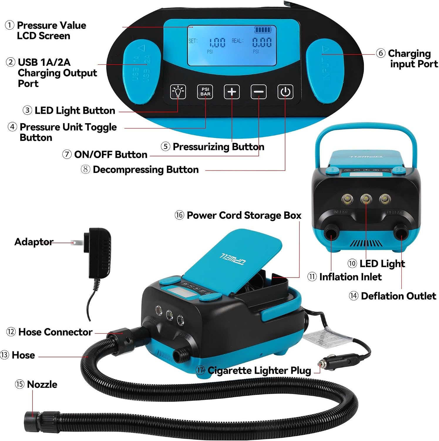 UPWELL Rechargeable Paddle Board Pump 16PSI Sup Air Pump with 6000mah Battery, 12V DC Car Connector Intelligent Dual Stage Inflation & Auto-Off Feature, Deflation Function