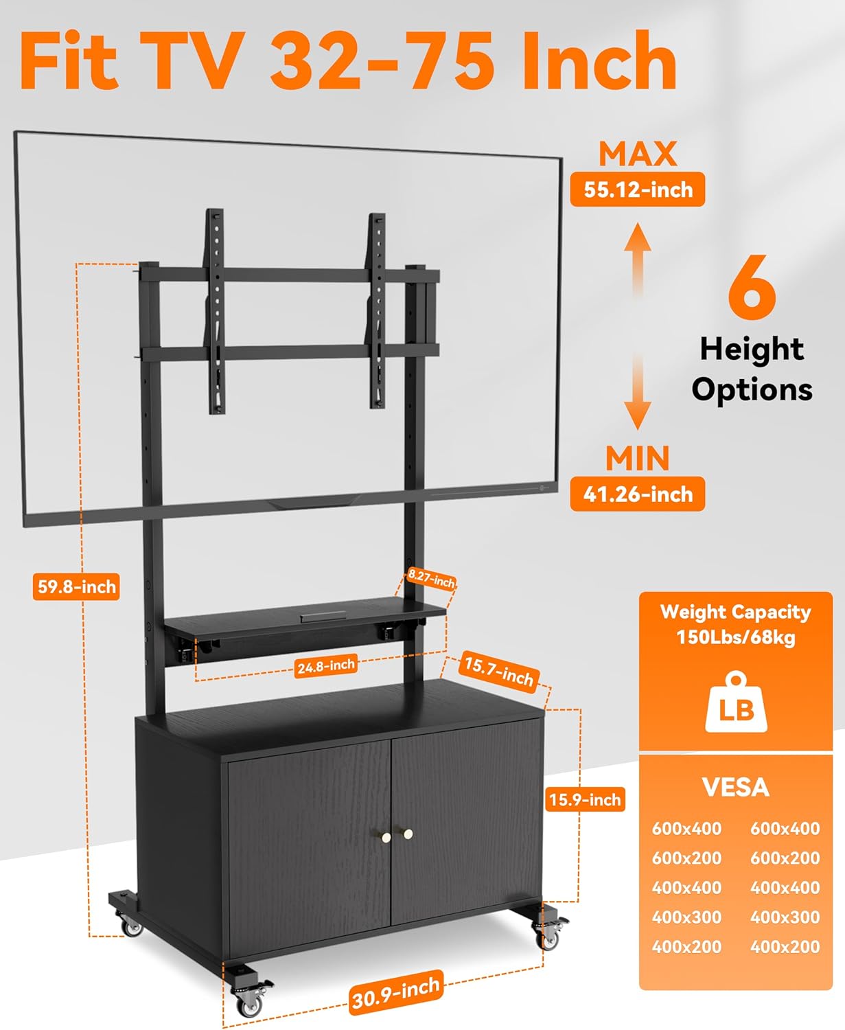 Rolling TV Stand with TV Mount,TV Floor Stand with Storage Cabinet for 32-75in Screen,Mobile TV Stand on Wheels with Foldable Table,Height Adjustable,Entertainment Center for Outdoor and Living Room