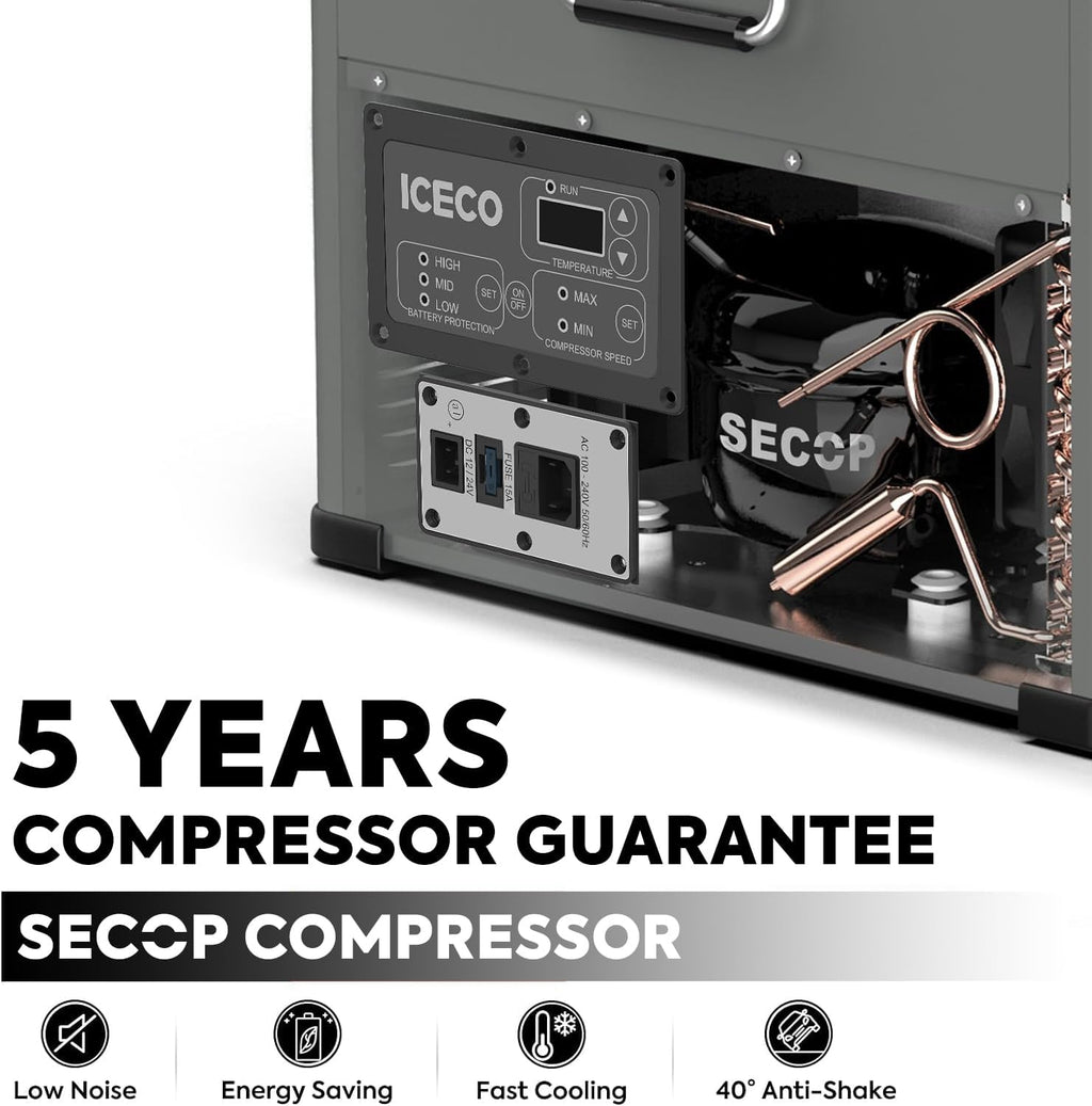 ICECO VL45 12V Refrigerator, 47Qt Platinum Compact Refrigerator Powered by SECOP, 0°-50°F 12v Fridge, 12/24VDC 110-240VAC, Car refrigerator, Electric Cooler For Outdoor&Camping| with L-Shape DC Cord