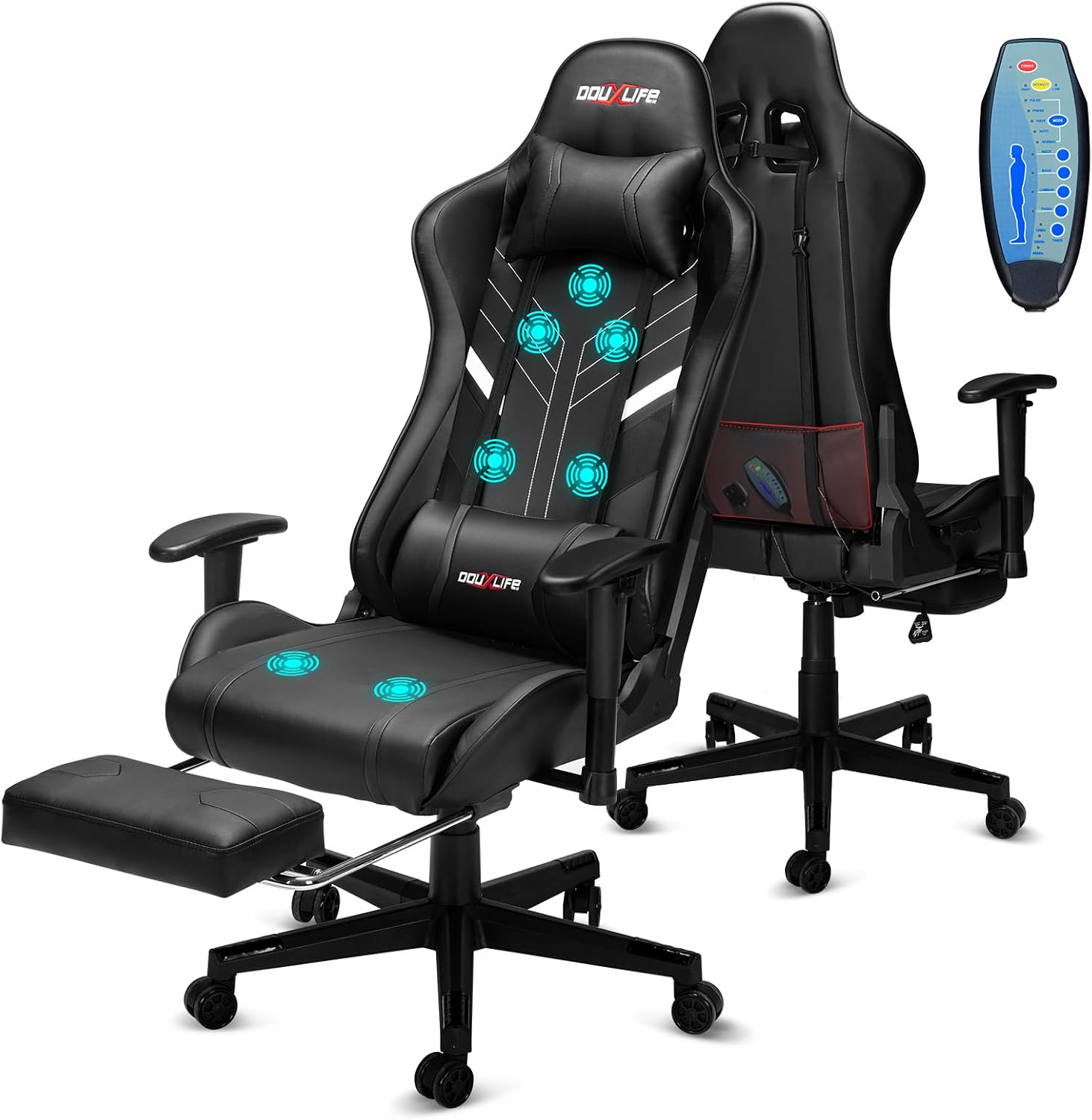 Douxlife 7-Point Massage Gaming Chair with Footrest, 400lbs Heavy Duty Ergonomic Computer Chair, 175° Reclining High Back Racing Seat for Adults with Adjustable Armrests & Lumbar Support, Black