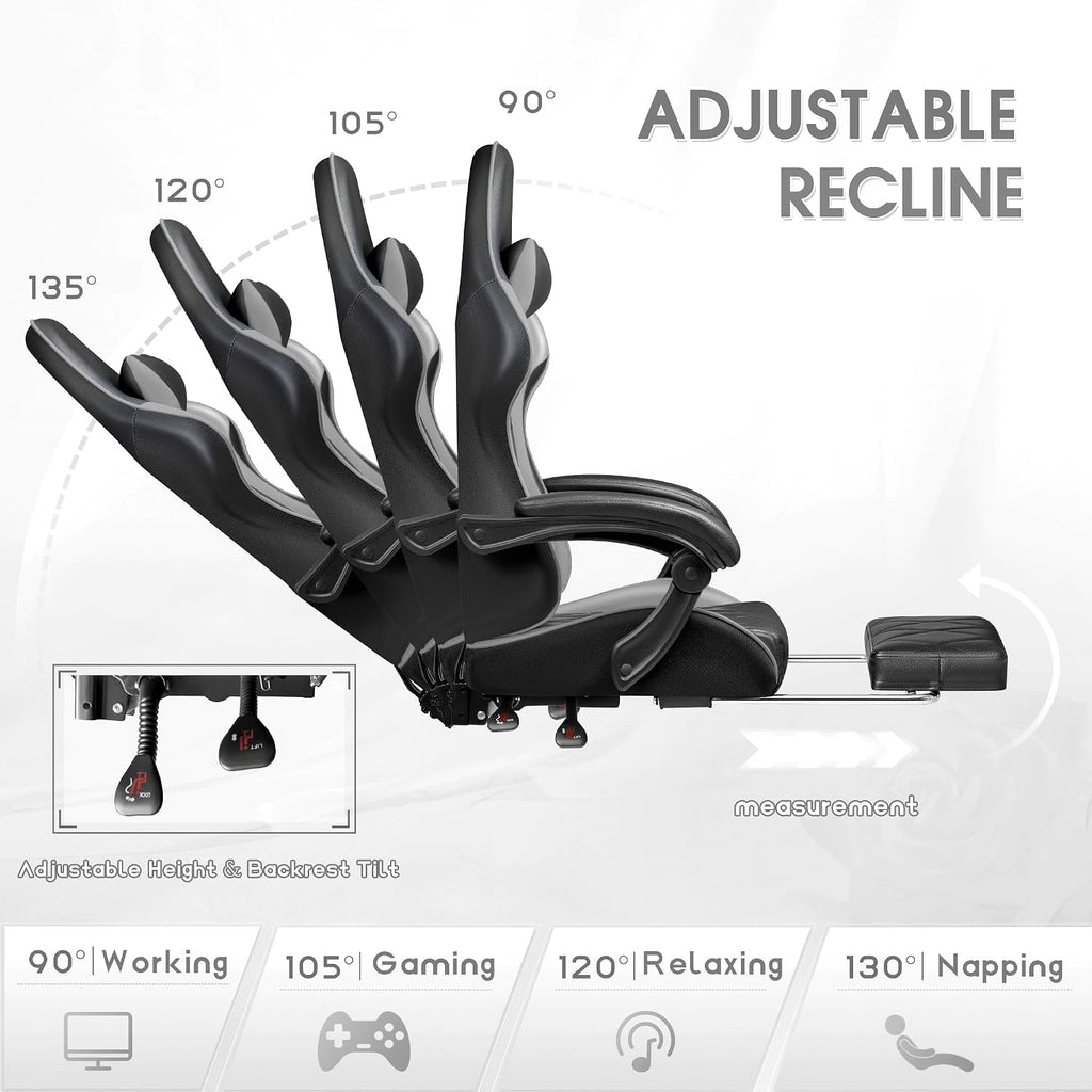 Shahoo Gaming Chair with Footrest and Massage Lumbar Support, Ergonomic Computer Seat Height Adjustable with 360°Swivel and Headrest, Grey1