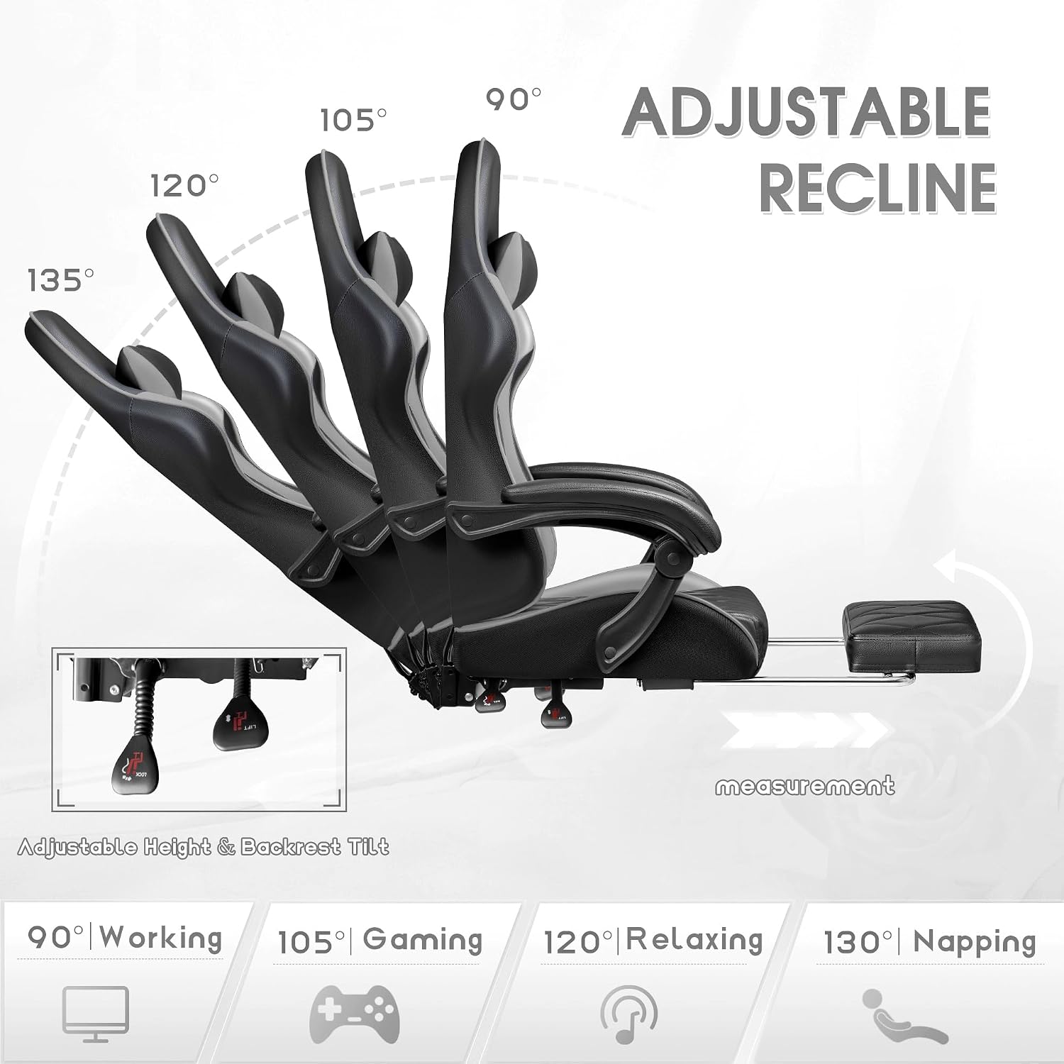 Shahoo Gaming Chair with Footrest and Massage Lumbar Support, Ergonomic Computer Seat Height Adjustable with 360°Swivel and Headrest, Grey1