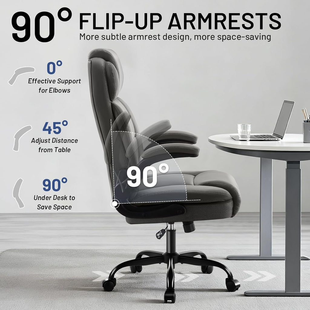 AreShark Ergonomic Office Chair with High Back Headrest,PU Leather Executive Desk Chair Padded Flip-Up Armrests,Lumbar Support,Swivel Computer Chair for Home Office & Gaming,Gray
