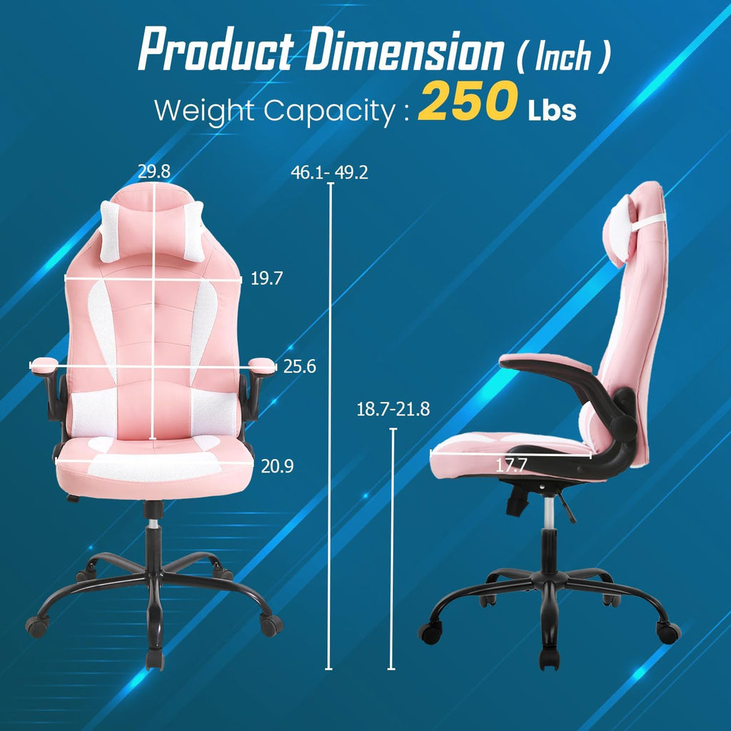 Ruesleag PC Gaming Racing Chair Ergonomic Office Computer Chair HIgh Back Video Racing Chair w/Lumbar Support Flip Up Arms Headrest PU Leather Study Desk Chair Executive Office Chair for Adults,Pink